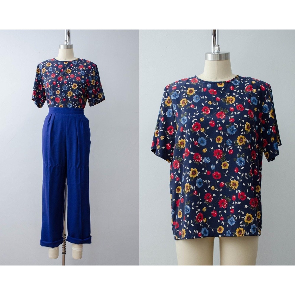 navy floral blouse 90s vtg blue short sleeve shirt